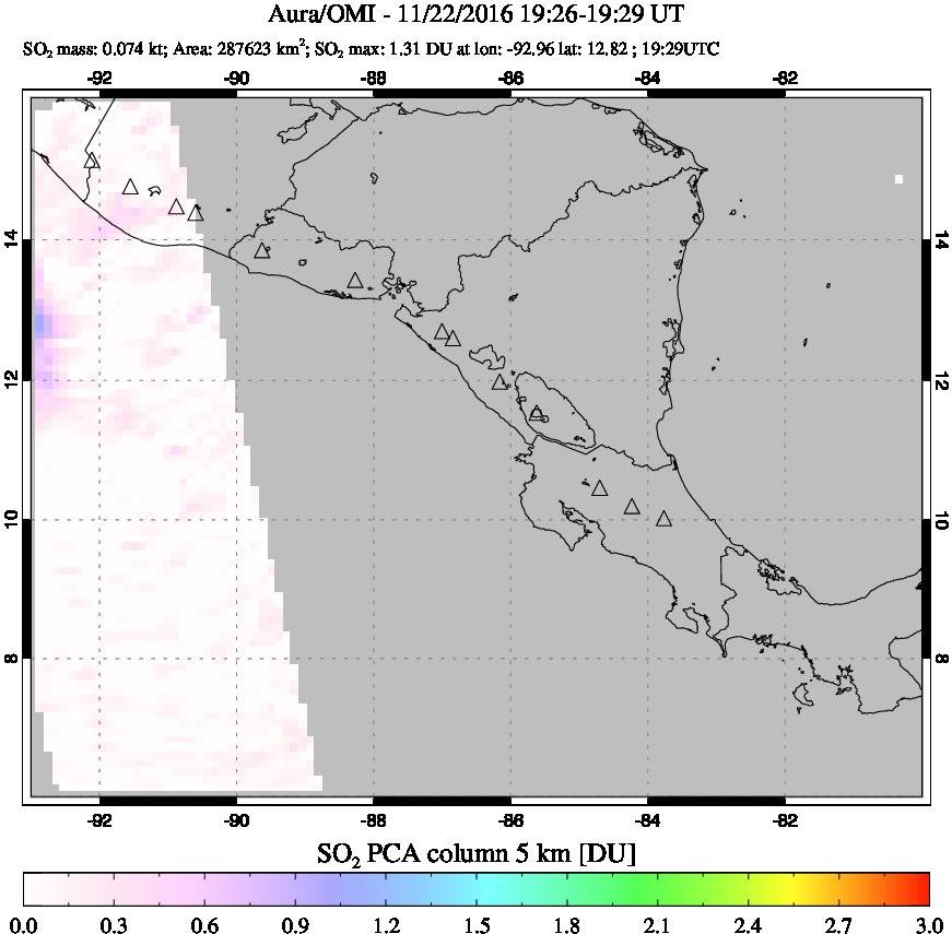 A sulfur dioxide image over Central America on Nov 22, 2016.