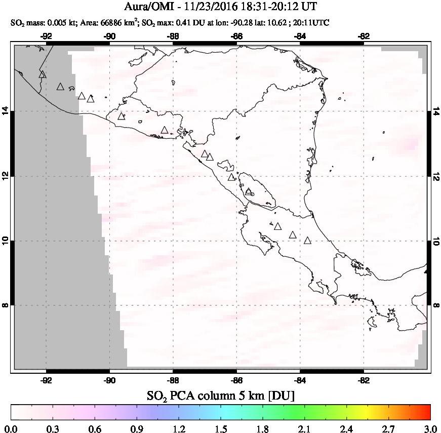 A sulfur dioxide image over Central America on Nov 23, 2016.