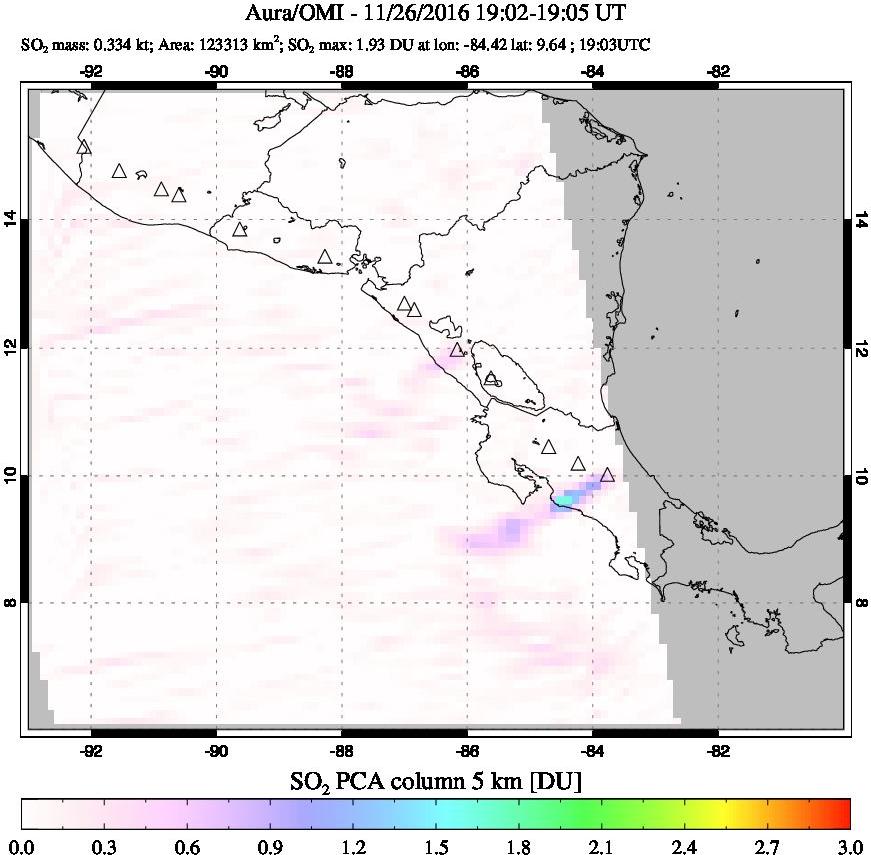 A sulfur dioxide image over Central America on Nov 26, 2016.