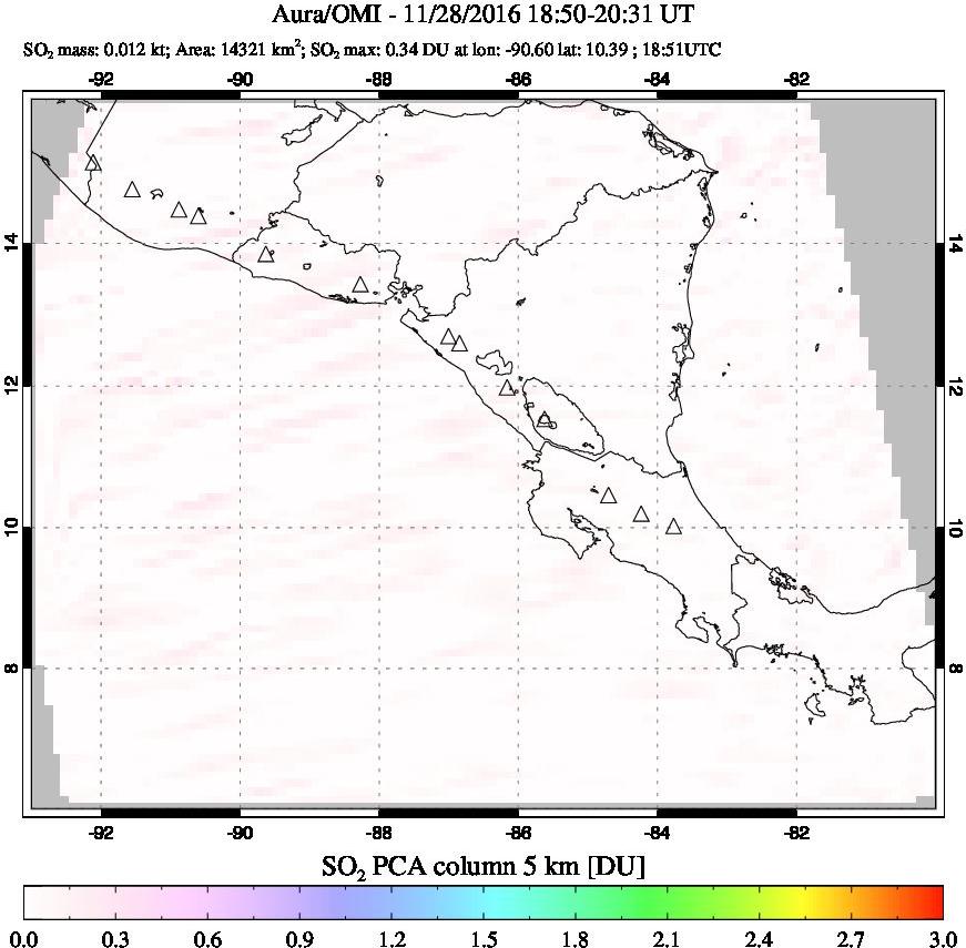 A sulfur dioxide image over Central America on Nov 28, 2016.