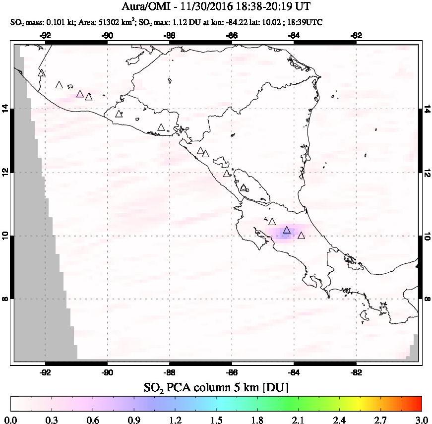 A sulfur dioxide image over Central America on Nov 30, 2016.