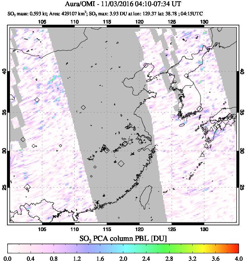 A sulfur dioxide image over Eastern China on Nov 03, 2016.