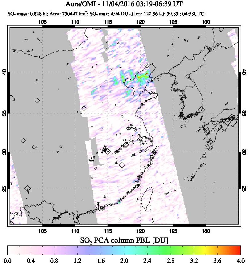 A sulfur dioxide image over Eastern China on Nov 04, 2016.