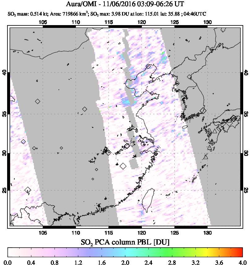 A sulfur dioxide image over Eastern China on Nov 06, 2016.