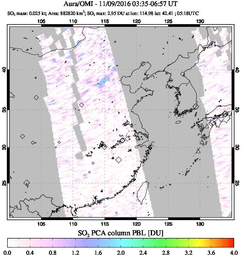 A sulfur dioxide image over Eastern China on Nov 09, 2016.
