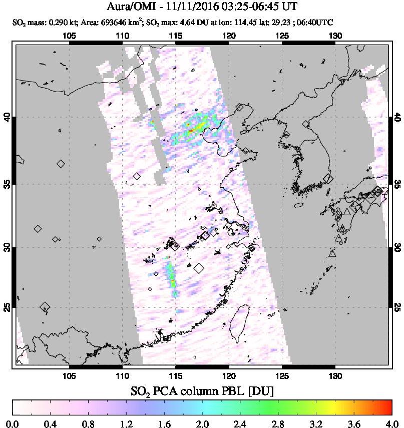 A sulfur dioxide image over Eastern China on Nov 11, 2016.