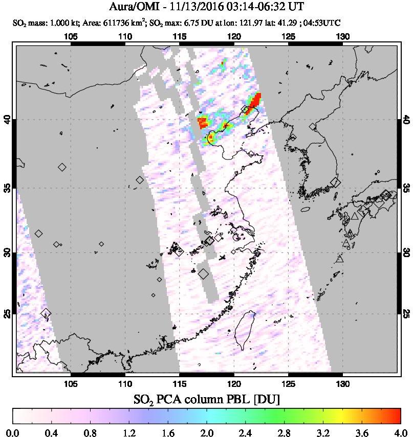 A sulfur dioxide image over Eastern China on Nov 13, 2016.