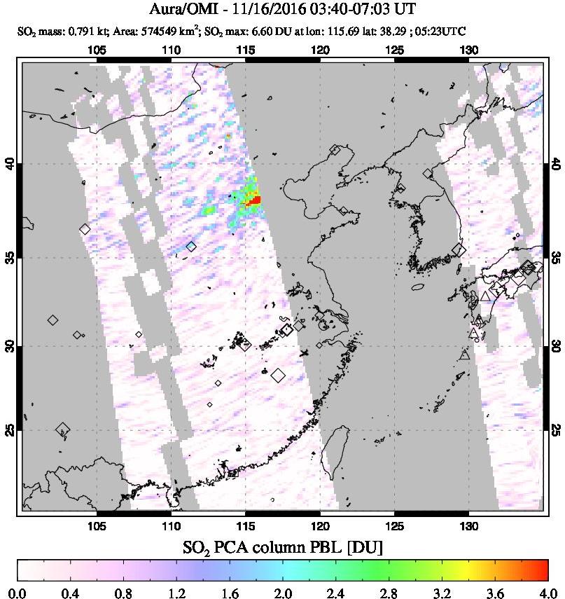 A sulfur dioxide image over Eastern China on Nov 16, 2016.