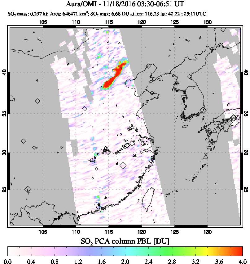 A sulfur dioxide image over Eastern China on Nov 18, 2016.