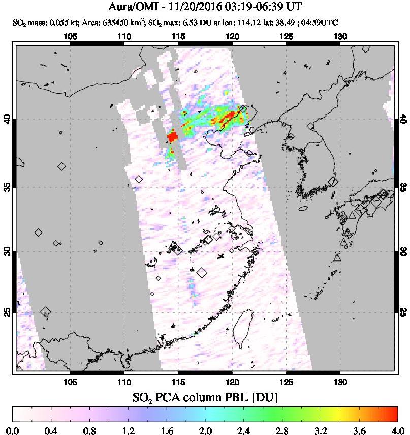 A sulfur dioxide image over Eastern China on Nov 20, 2016.