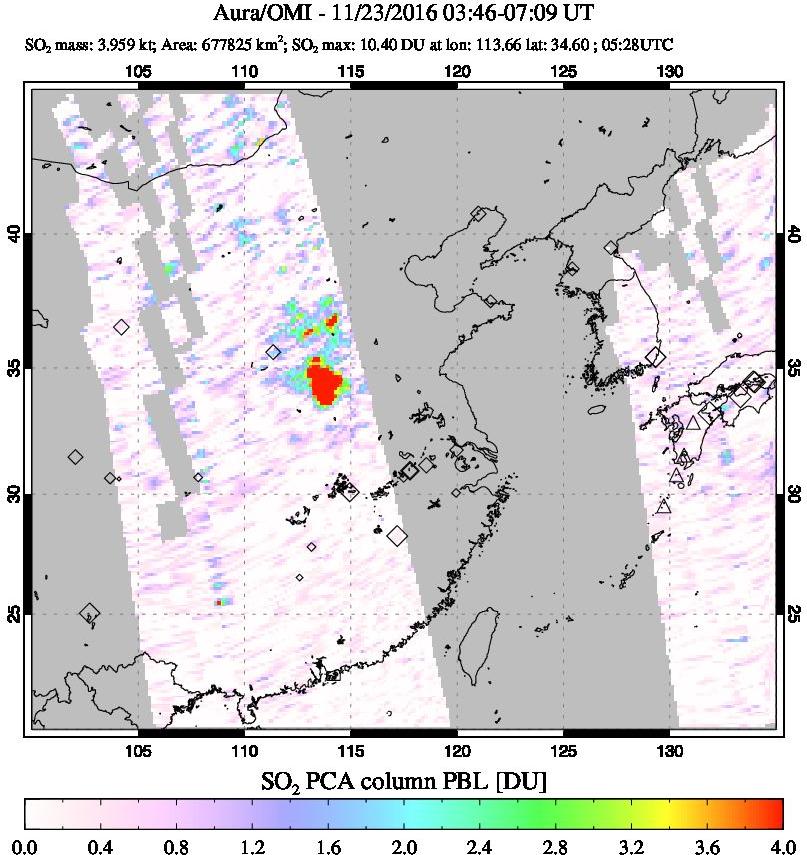A sulfur dioxide image over Eastern China on Nov 23, 2016.