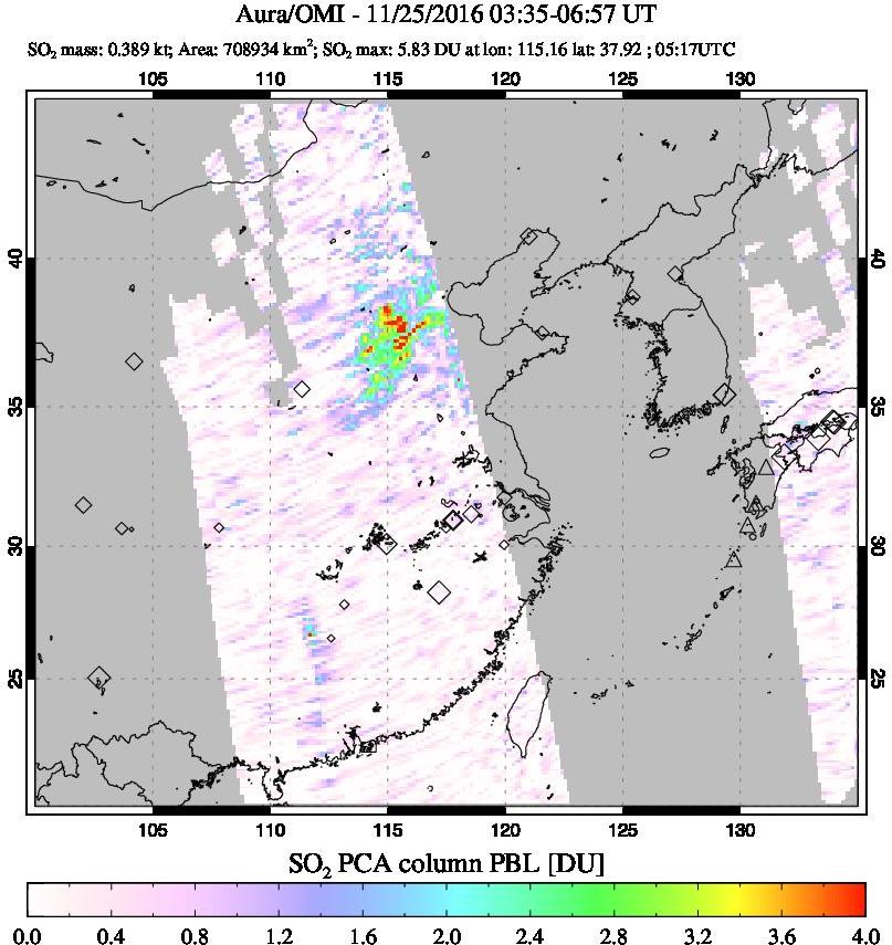 A sulfur dioxide image over Eastern China on Nov 25, 2016.