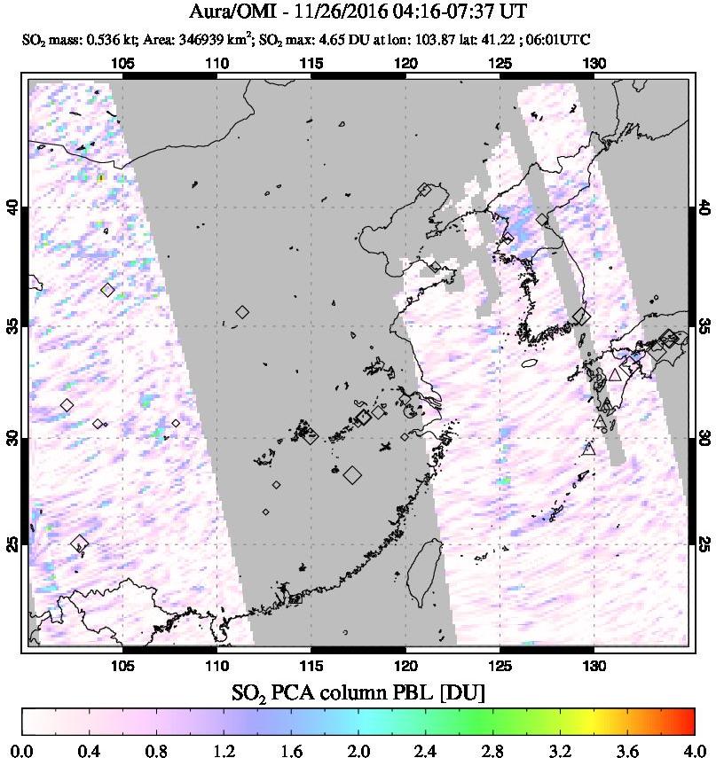 A sulfur dioxide image over Eastern China on Nov 26, 2016.