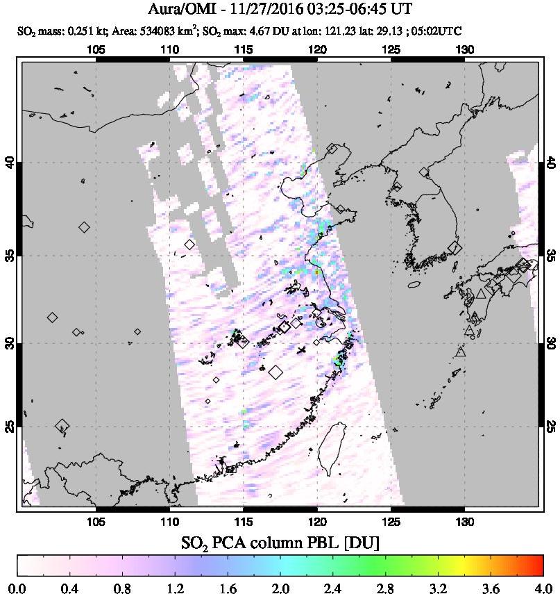 A sulfur dioxide image over Eastern China on Nov 27, 2016.
