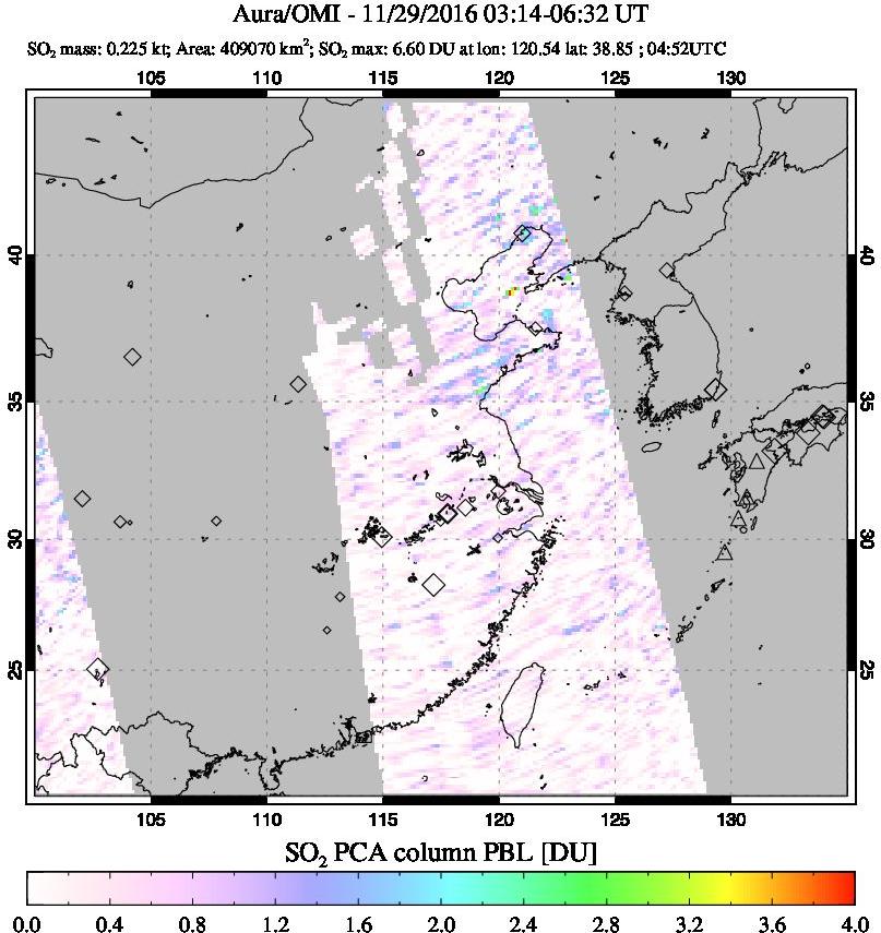 A sulfur dioxide image over Eastern China on Nov 29, 2016.