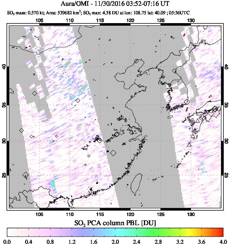 A sulfur dioxide image over Eastern China on Nov 30, 2016.