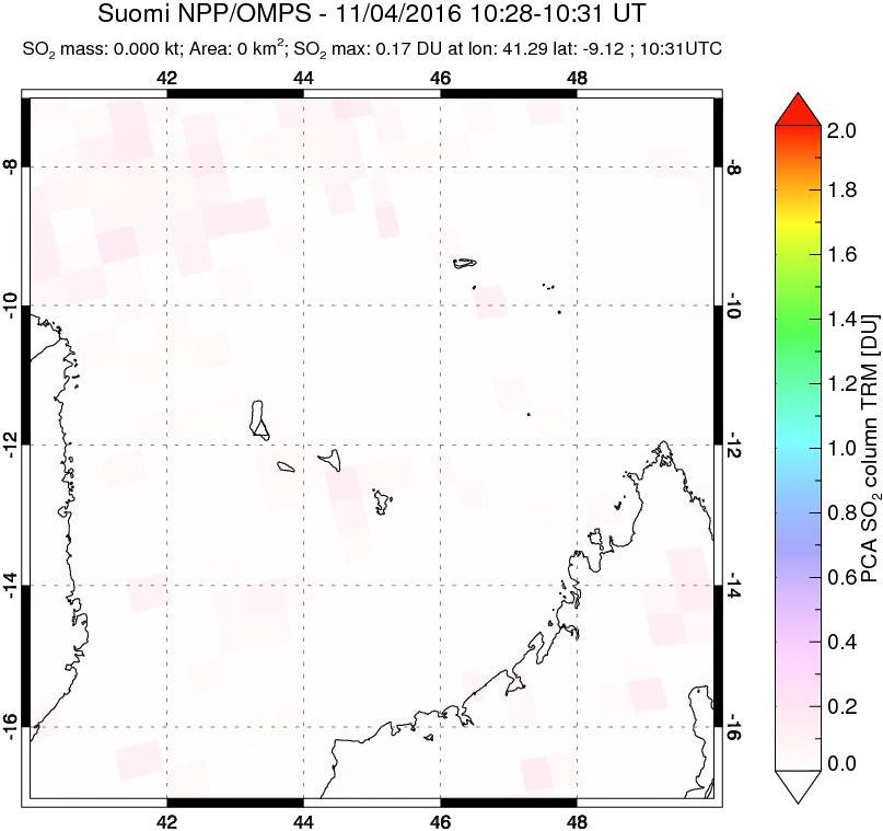 A sulfur dioxide image over Comoro Islands on Nov 04, 2016.