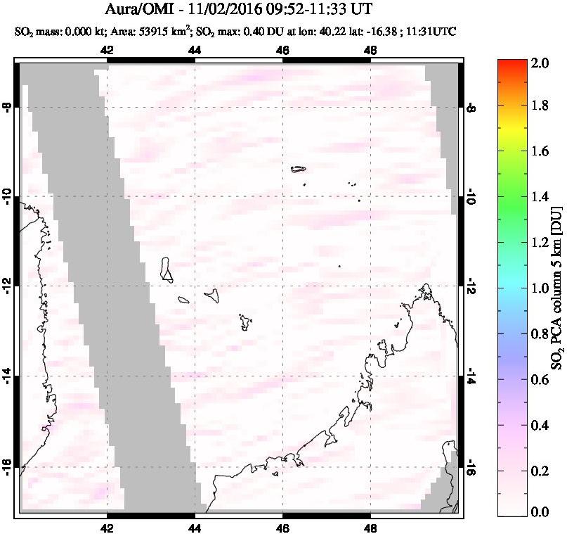 A sulfur dioxide image over Comoro Islands on Nov 02, 2016.