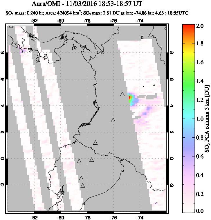 A sulfur dioxide image over Ecuador on Nov 03, 2016.