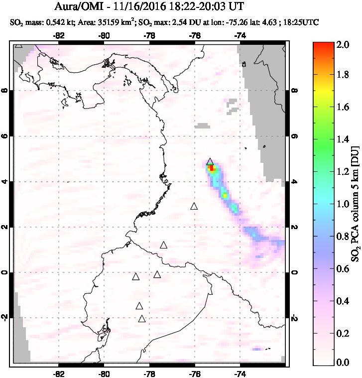 A sulfur dioxide image over Ecuador on Nov 16, 2016.
