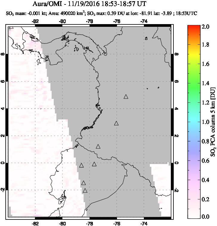 A sulfur dioxide image over Ecuador on Nov 19, 2016.