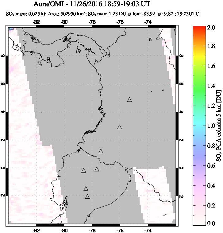A sulfur dioxide image over Ecuador on Nov 26, 2016.