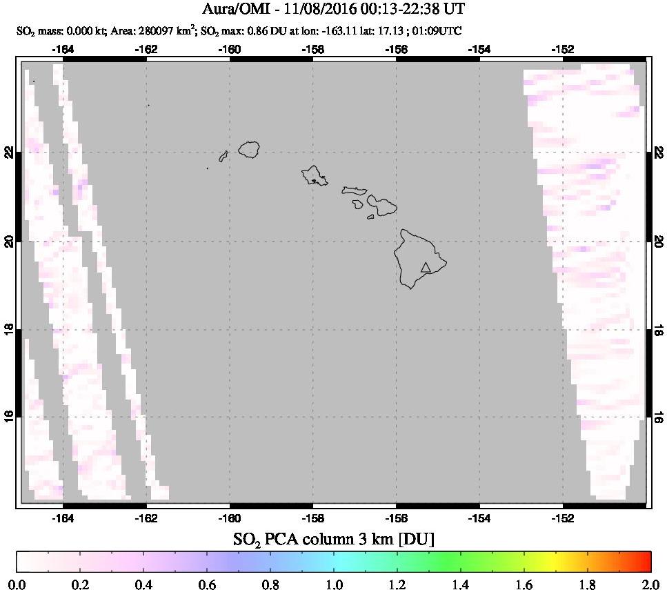 A sulfur dioxide image over Hawaii, USA on Nov 08, 2016.