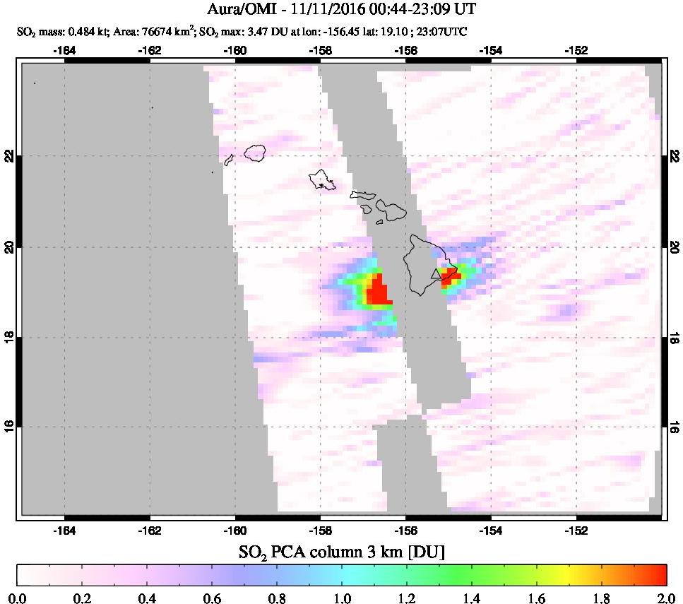 A sulfur dioxide image over Hawaii, USA on Nov 11, 2016.