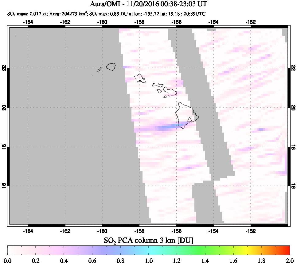 A sulfur dioxide image over Hawaii, USA on Nov 20, 2016.