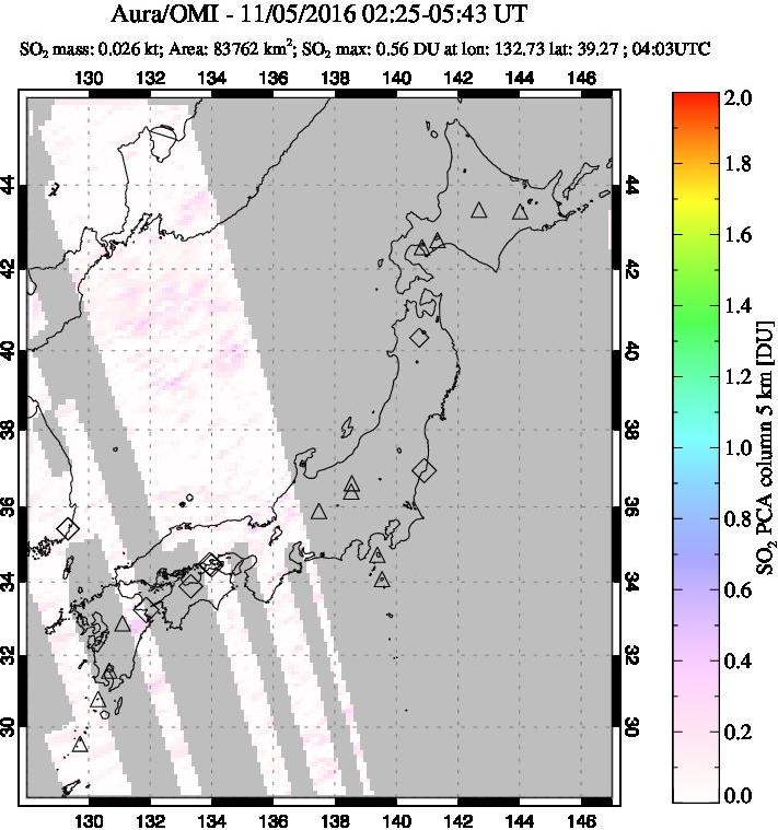A sulfur dioxide image over Japan on Nov 05, 2016.
