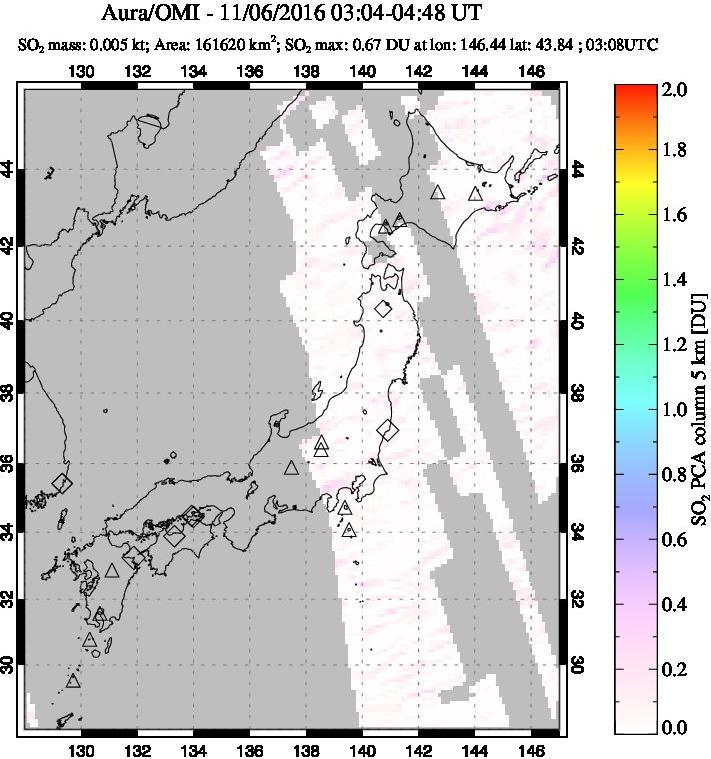 A sulfur dioxide image over Japan on Nov 06, 2016.