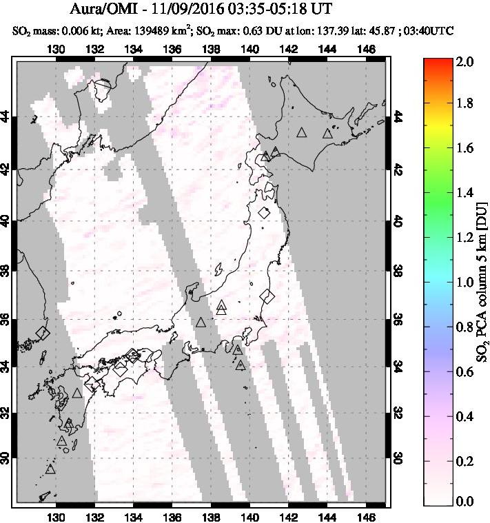 A sulfur dioxide image over Japan on Nov 09, 2016.