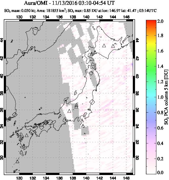 A sulfur dioxide image over Japan on Nov 13, 2016.