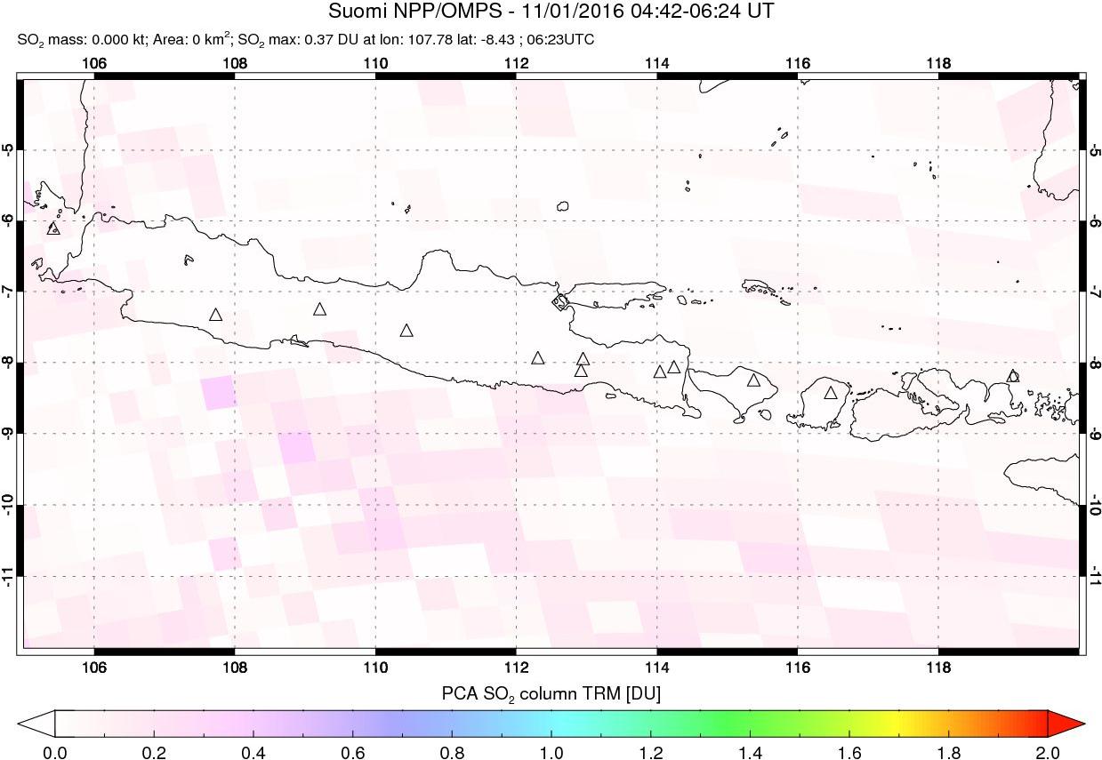 A sulfur dioxide image over Java, Indonesia on Nov 01, 2016.