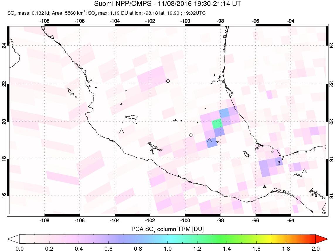 A sulfur dioxide image over Mexico on Nov 08, 2016.