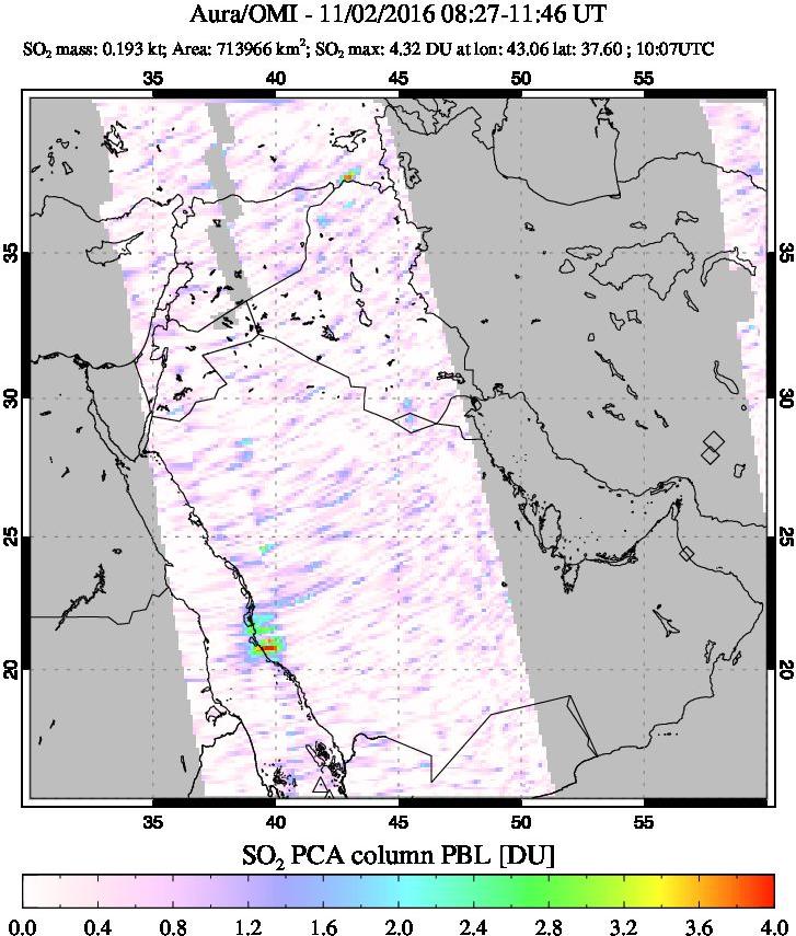 A sulfur dioxide image over Mideast on Nov 02, 2016.
