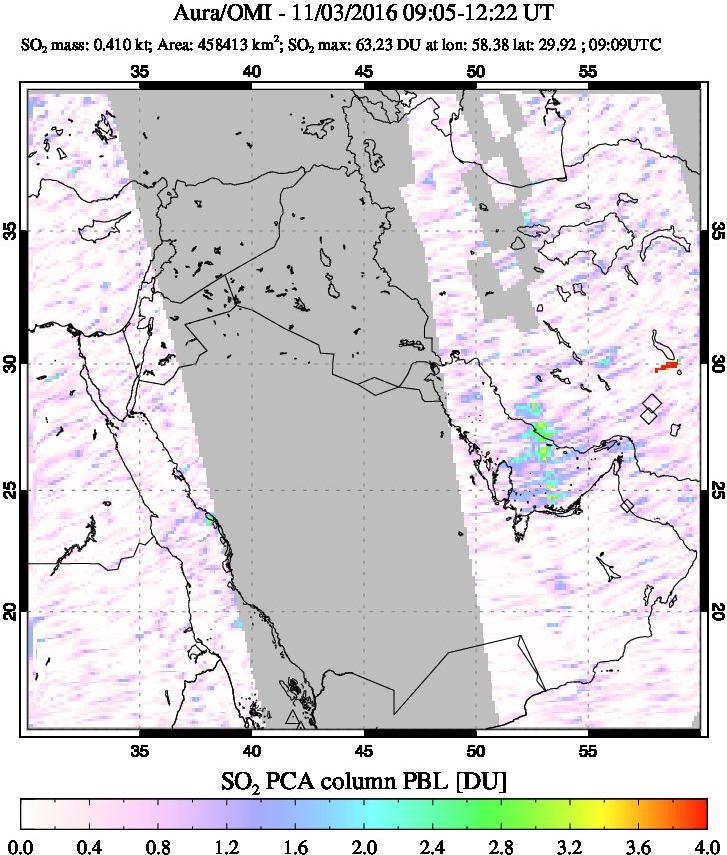 A sulfur dioxide image over Mideast on Nov 03, 2016.