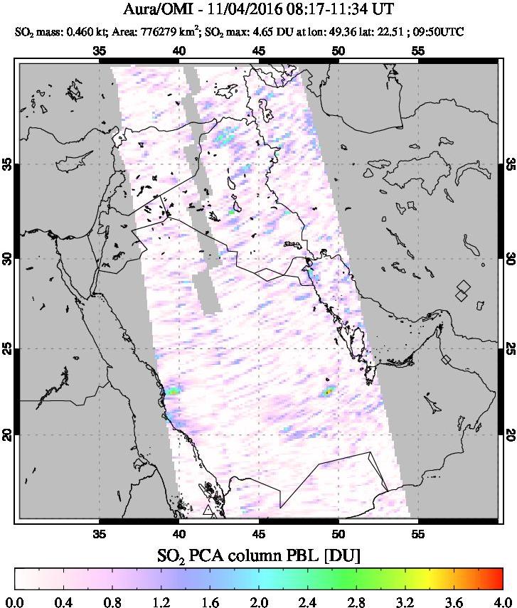 A sulfur dioxide image over Mideast on Nov 04, 2016.