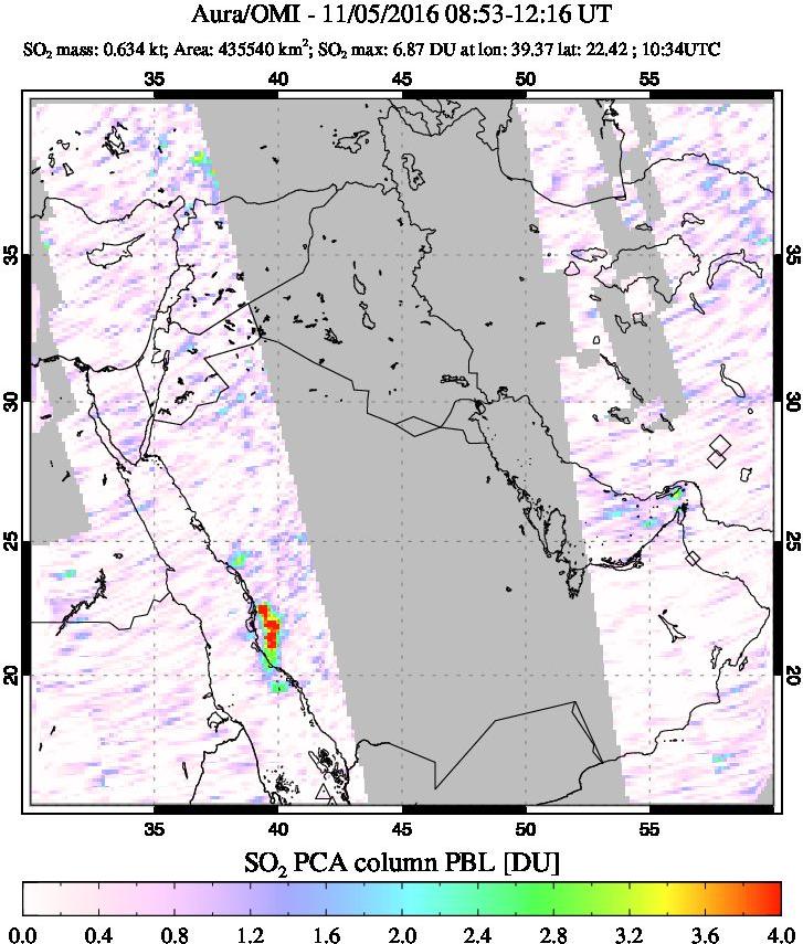A sulfur dioxide image over Mideast on Nov 05, 2016.