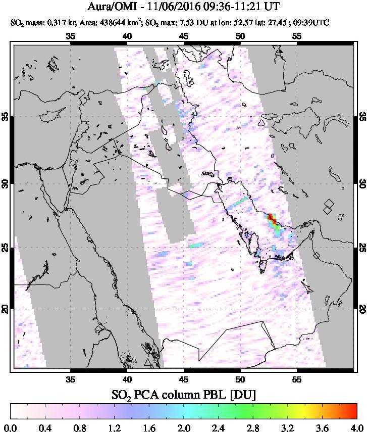 A sulfur dioxide image over Mideast on Nov 06, 2016.