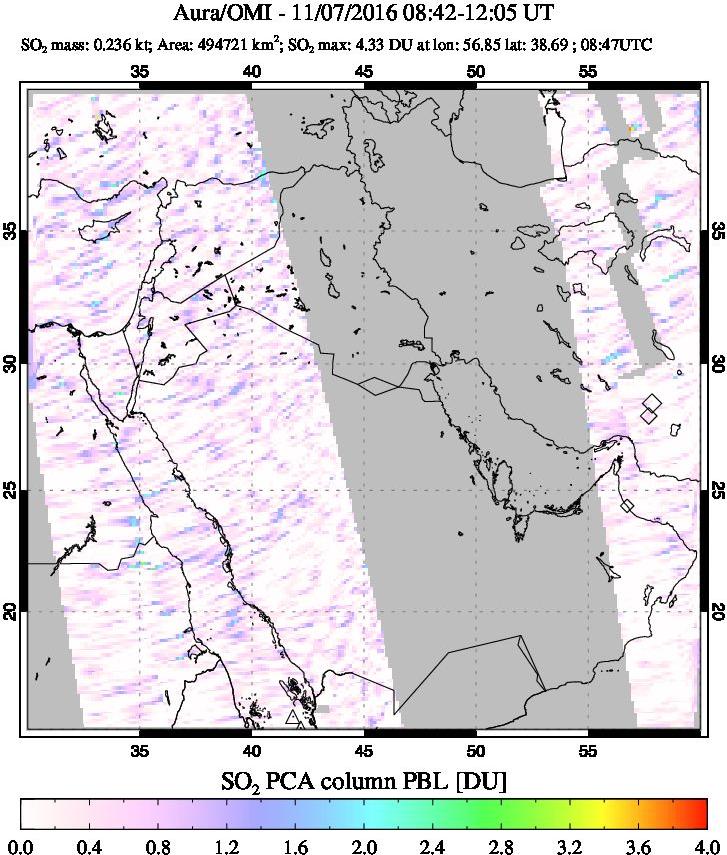 A sulfur dioxide image over Mideast on Nov 07, 2016.