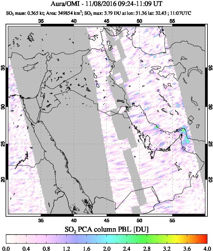 A sulfur dioxide image over Mideast on Nov 08, 2016.