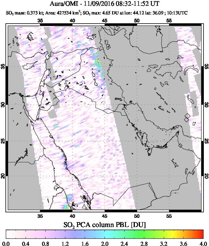 A sulfur dioxide image over Mideast on Nov 09, 2016.