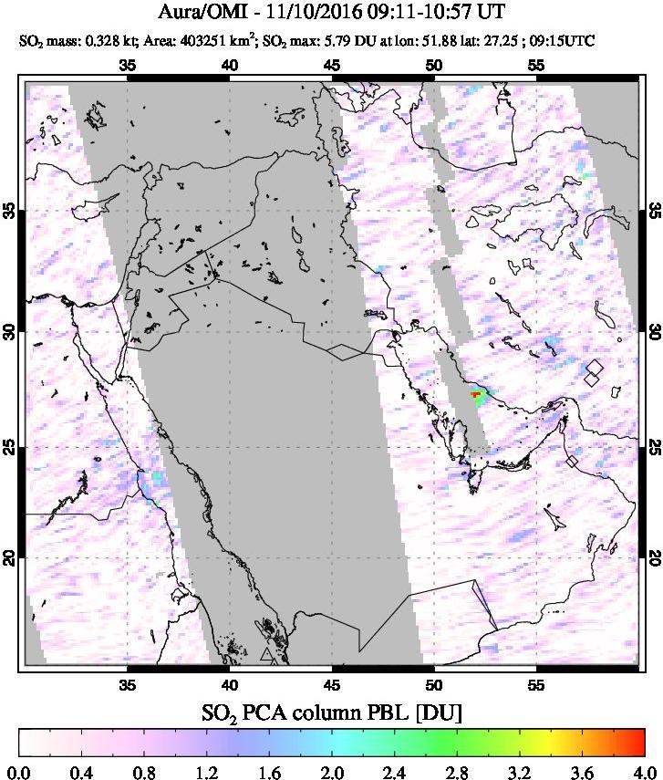 A sulfur dioxide image over Mideast on Nov 10, 2016.