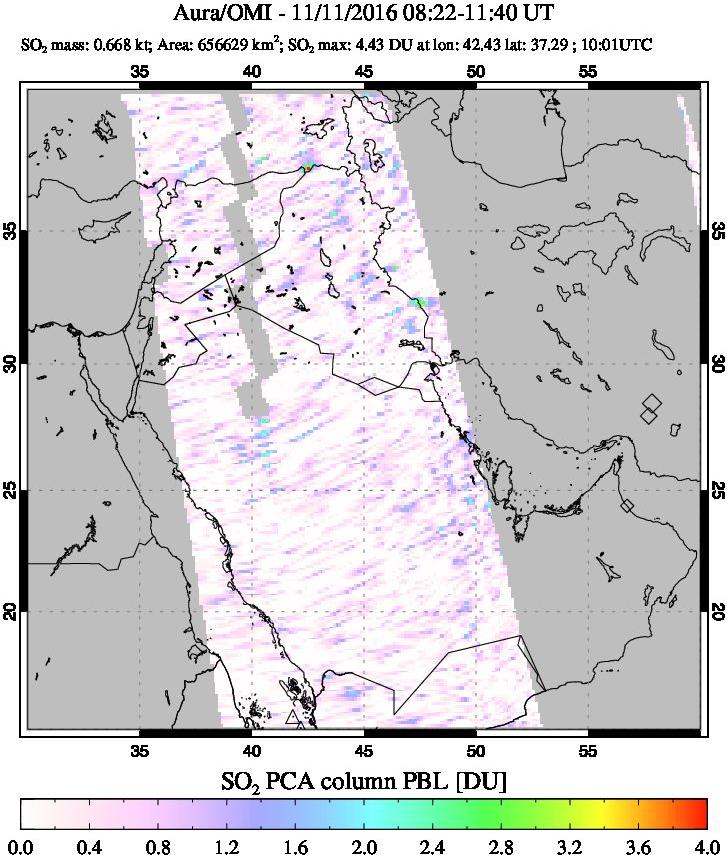 A sulfur dioxide image over Mideast on Nov 11, 2016.