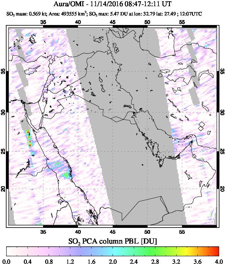 A sulfur dioxide image over Mideast on Nov 14, 2016.