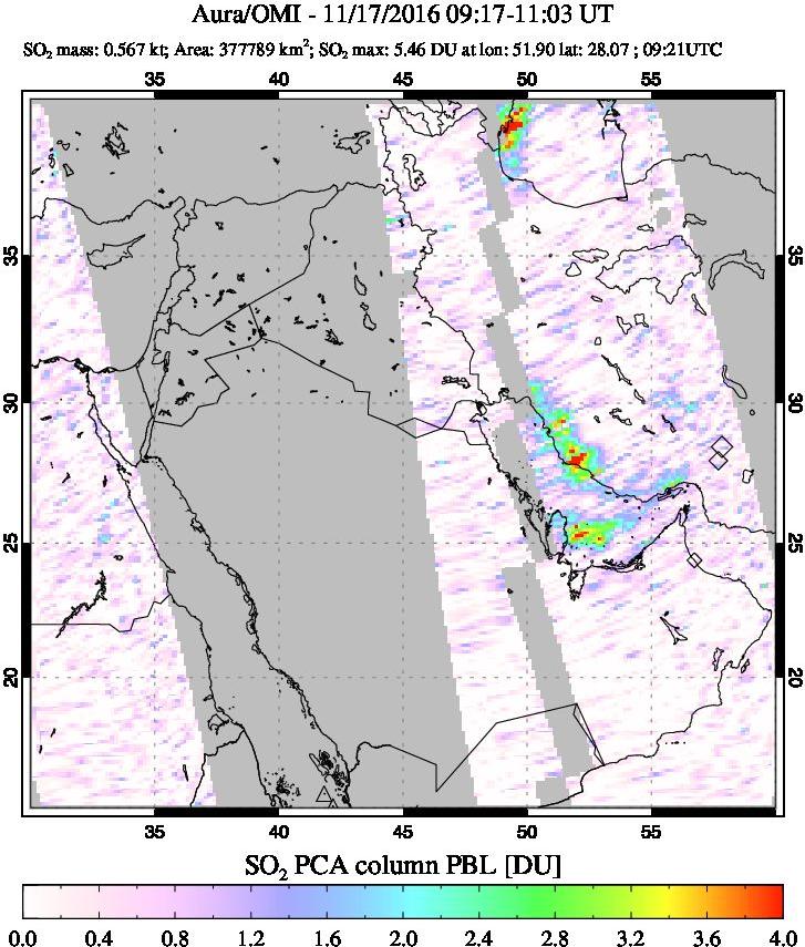 A sulfur dioxide image over Mideast on Nov 17, 2016.
