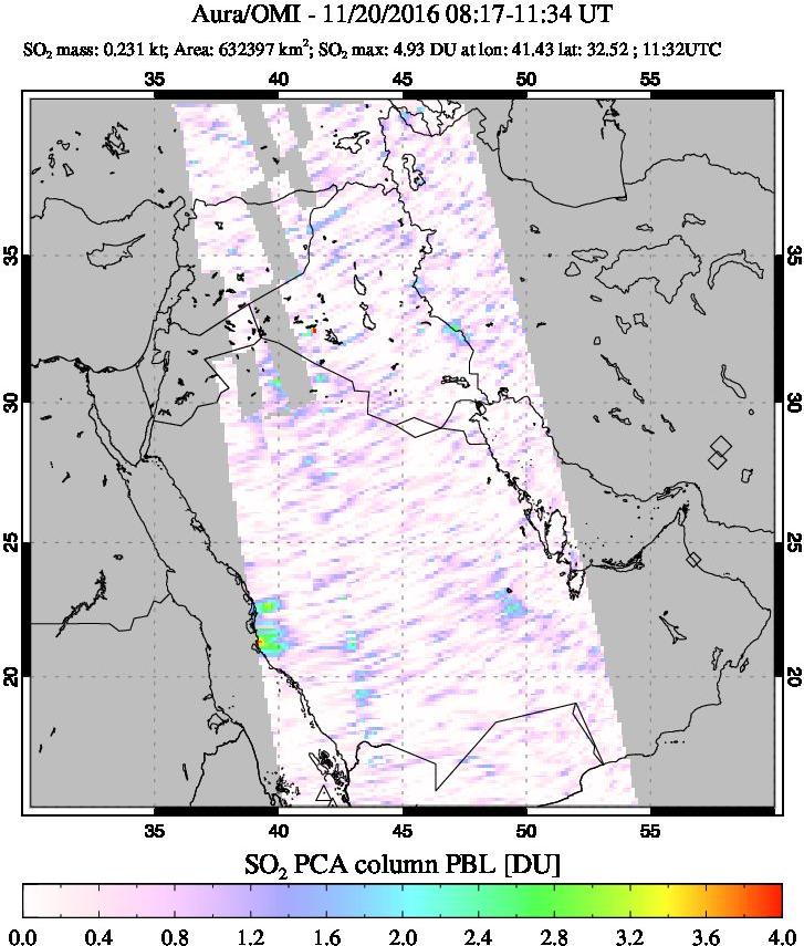 A sulfur dioxide image over Mideast on Nov 20, 2016.