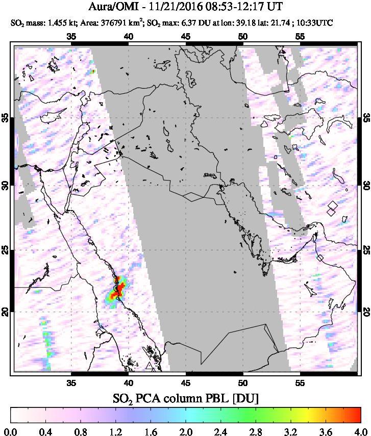 A sulfur dioxide image over Mideast on Nov 21, 2016.