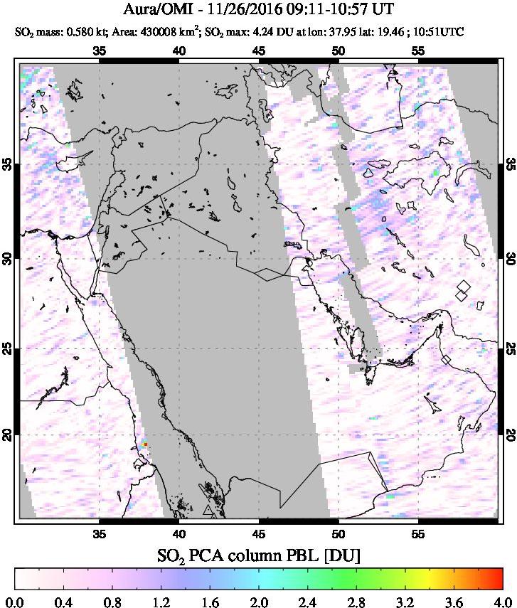 A sulfur dioxide image over Mideast on Nov 26, 2016.
